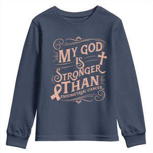 Christian Faith Peach Ribbon Youth Sweatshirt My God Is Stronger Than Endometrial Cancer