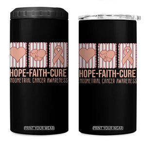Endometrial Cancer Awareness 4 in 1 Can Cooler Tumbler Hope Faith Cure Peach Ribbon