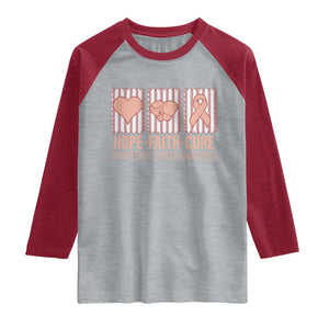 Endometrial Cancer Awareness Raglan Shirt Hope Faith Cure Peach Ribbon
