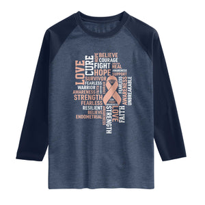 Endometrial Cancer Awareness Raglan Shirt Warrior Survivor Peach Ribbon