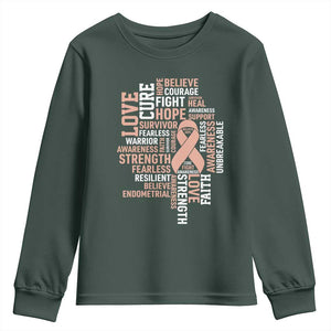 Endometrial Cancer Awareness Youth Sweatshirt Warrior Survivor Peach Ribbon