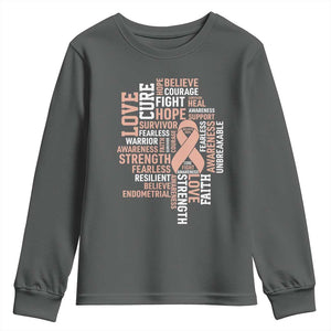 Endometrial Cancer Awareness Youth Sweatshirt Warrior Survivor Peach Ribbon