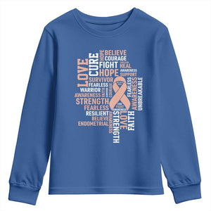 Endometrial Cancer Awareness Youth Sweatshirt Warrior Survivor Peach Ribbon
