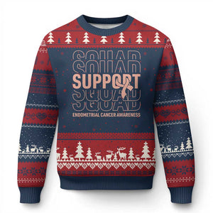 Endometrial Cancer Awareness Ugly Christmas Sweater Support Squad Ribbon Warrior
