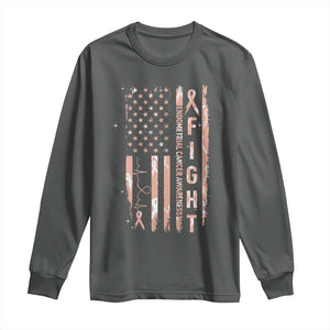 American Flag Endometrial Cancer Long Sleeve Shirt Fight Together Peach Ribbon Support Squad