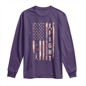 American Flag Endometrial Cancer Long Sleeve Shirt Fight Together Peach Ribbon Support Squad