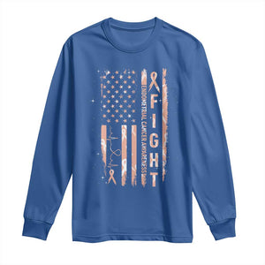 American Flag Endometrial Cancer Long Sleeve Shirt Fight Together Peach Ribbon Support Squad
