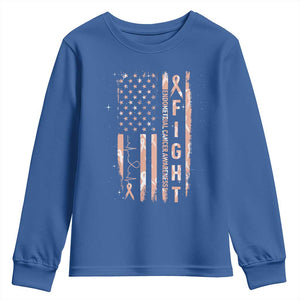 American Flag Endometrial Cancer Youth Sweatshirt Fight Together Peach Ribbon Support Squad