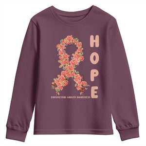 Endometrial Cancer Floral Ribbon Youth Sweatshirt Hope Peach Ribbon Warrior
