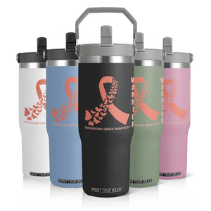 Endometrial Cancer Warrior Fighter Butterfly Flip Straw Tumbler Peach Ribbon Hope