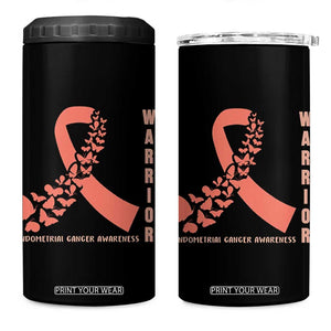 Endometrial Cancer Warrior Fighter Butterfly 4 in 1 Can Cooler Tumbler Peach Ribbon Hope