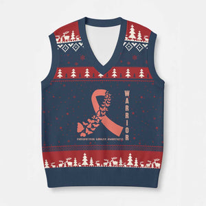 Endometrial Cancer Warrior Fighter Butterfly V-Neck Knit Sweater Vest Peach Ribbon Hope