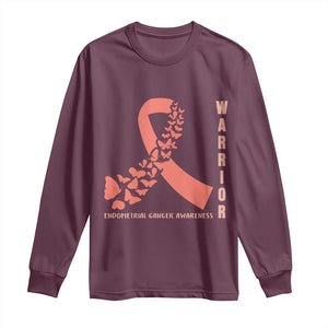 Endometrial Cancer Warrior Fighter Butterfly Long Sleeve Shirt Peach Ribbon Hope