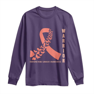 Endometrial Cancer Warrior Fighter Butterfly Long Sleeve Shirt Peach Ribbon Hope