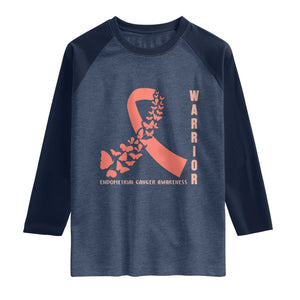 Endometrial Cancer Warrior Fighter Butterfly Raglan Shirt Peach Ribbon Hope