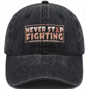 Endometrial Cancer Fighter Washed Cotton Baseball Cap Never Stop Fighting Peach Ribbon