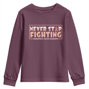 Endometrial Cancer Fighter Youth Sweatshirt Never Stop Fighting Peach Ribbon