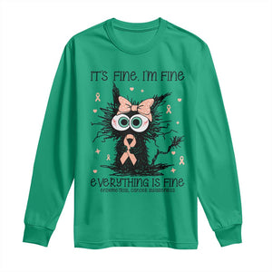 Funny Black Cat Endometrial Cancer Awareness Long Sleeve Shirt Its Fine Im Fine Everything Is Fine