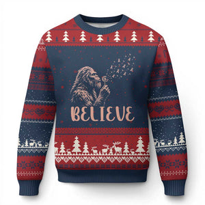 Funny Bigfoot Blowing Dandelion Flower Graphic Ugly Christmas Sweater Believe Endometrial Cancer Awareness