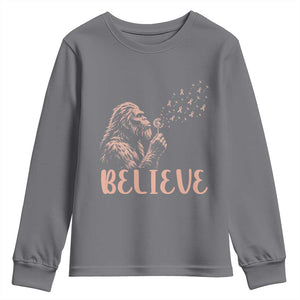 Funny Bigfoot Blowing Dandelion Flower Graphic Youth Sweatshirt Believe Endometrial Cancer Awareness