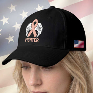 Endometrial Cancer Fighter Baseball Cap Peach Ribbon Angel Wings Survivor