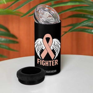 Endometrial Cancer Fighter 4 in 1 Can Cooler Tumbler Peach Ribbon Angel Wings Survivor