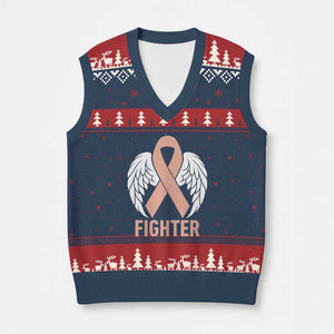 Endometrial Cancer Fighter V-Neck Knit Sweater Vest Peach Ribbon Angel Wings Survivor