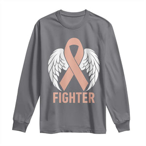 Endometrial Cancer Fighter Long Sleeve Shirt Peach Ribbon Angel Wings Survivor