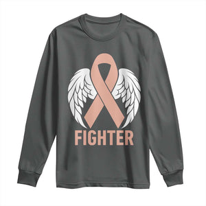 Endometrial Cancer Fighter Long Sleeve Shirt Peach Ribbon Angel Wings Survivor