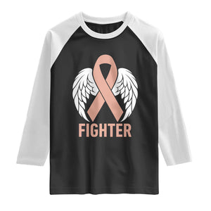 Endometrial Cancer Fighter Raglan Shirt Peach Ribbon Angel Wings Survivor
