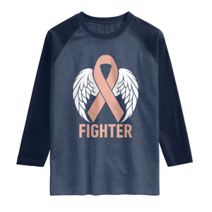 Endometrial Cancer Fighter Raglan Shirt Peach Ribbon Angel Wings Survivor