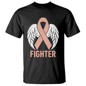 Endometrial Cancer Fighter T Shirt Peach Ribbon Angel Wings Survivor