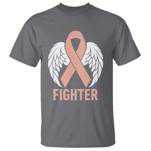 Endometrial Cancer Fighter T Shirt Peach Ribbon Angel Wings Survivor