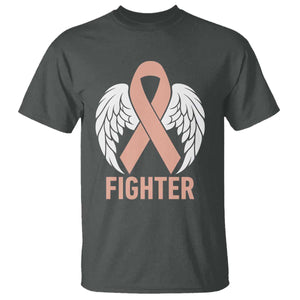 Endometrial Cancer Fighter T Shirt Peach Ribbon Angel Wings Survivor