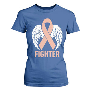 Endometrial Cancer Fighter T Shirt For Women Peach Ribbon Angel Wings Survivor
