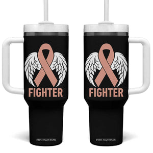 Endometrial Cancer Fighter Tumbler With Handle Peach Ribbon Angel Wings Survivor