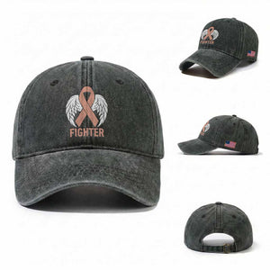 Endometrial Cancer Fighter Washed Cotton Baseball Cap Peach Ribbon Angel Wings Survivor