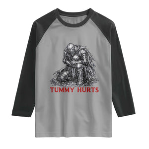 Funny Tummy Hurts Medieval Knight Raglan Shirt Dark Fantasy Warrior Meme Graphic
