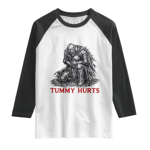 Funny Tummy Hurts Medieval Knight Raglan Shirt Dark Fantasy Warrior Meme Graphic