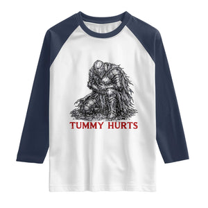 Funny Tummy Hurts Medieval Knight Raglan Shirt Dark Fantasy Warrior Meme Graphic