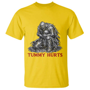 Funny Tummy Hurts Medieval Knight T Shirt Dark Fantasy Warrior Meme Graphic
