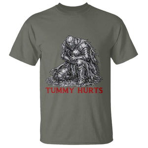 Funny Tummy Hurts Medieval Knight T Shirt Dark Fantasy Warrior Meme Graphic