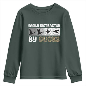 Funny Hunting Gift Youth Sweatshirt Easily Distracted By Ducks Outdoor Lover TS12 Dark Forest Green Print Your Wear