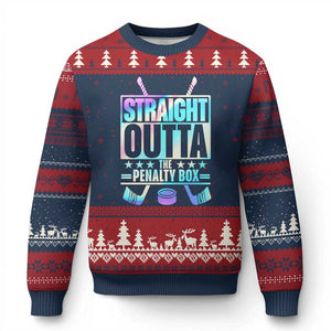 Straight Outta The Penalty Box Ugly Christmas Sweater Iridescent Effect Hockey Player Gift TS12 Navy Red Print Your Wear