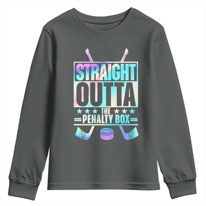 Straight Outta The Penalty Box Youth Sweatshirt Iridescent Effect Hockey Player Gift TS12 Dark Heather Print Your Wear