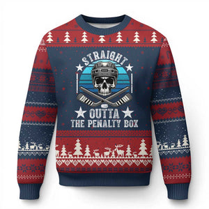 Straight Outta The Penalty Box Hockey Ugly Christmas Sweater Funny Skull Player Gift TS12 Navy Red Print Your Wear