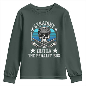 Straight Outta The Penalty Box Hockey Youth Sweatshirt Funny Skull Player Gift TS12 Dark Forest Green Print Your Wear