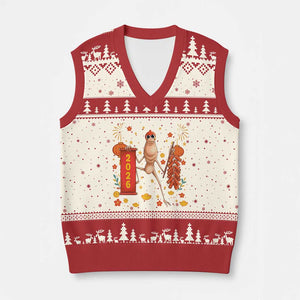 Marcus The Worm Lunar New Year Meme V-Neck Knit Sweater Vest Trendy Gag Gift TS12 Beige Red Print Your Wear