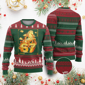 Funny Horse Six Seven Meme Ugly Christmas Sweater Happy Lunar New Year TS12 Red Green Print Your Wear