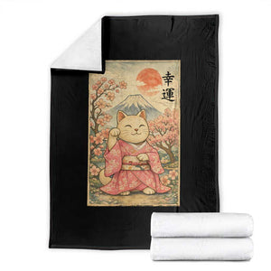 Japanese Anime Maneki Neko Throw Blanket Kawaii Waving Cat Good Luck Kanji TS12 Black Print Your Wear